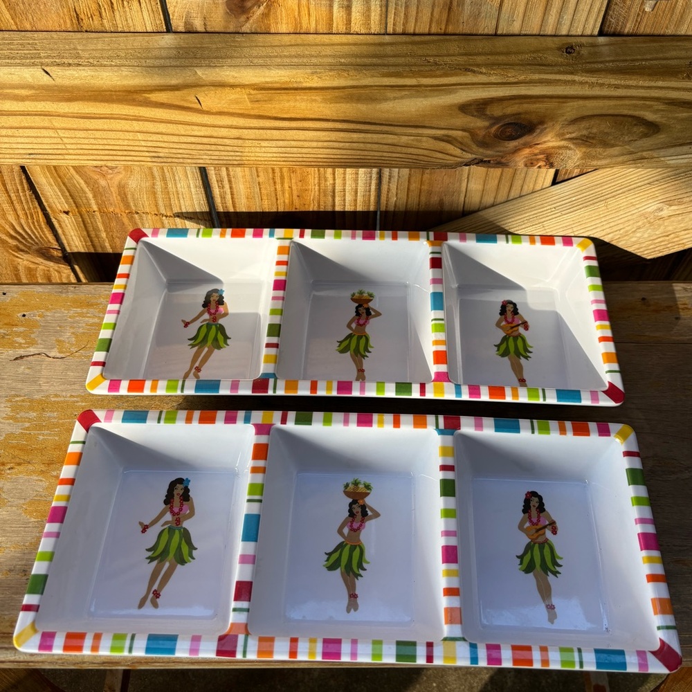 Set of 2 Vintage Aloha Summer Hula Girls 3 Compartment Serving Dish 14.5” x 6”
